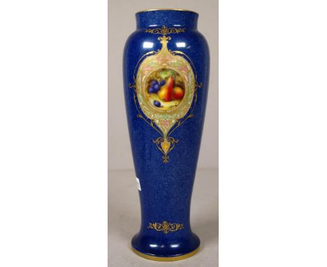 Vintage Royal Worcester table vase fruit decoration in cartouche, on blue ground. Marked to base, and design # 2777, signed W