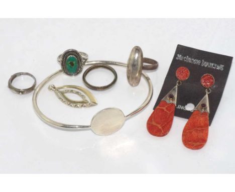 Silver bangle and rings (one not marked) together with a silver pendant and earrings