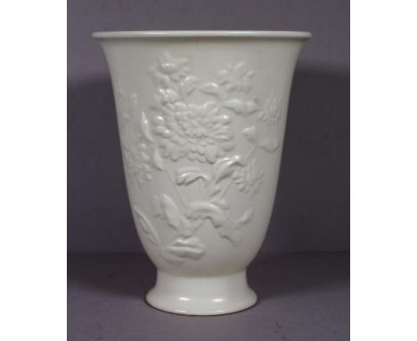 Spode Velamour white glaze vase embossed prunus decoration. Marked to base. Circa 1930. Height 26cm approx.