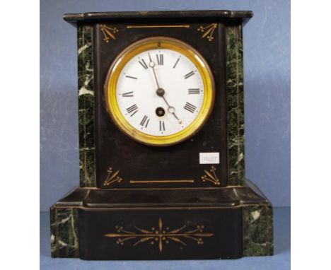 Antique French slate mantle clock with inset grey marble decoration. Untested. (As inspected: enamel dial chipped and pendulu
