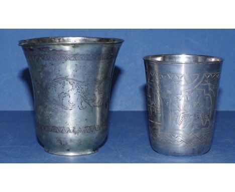 Vintage Russian silver beaker marked 'A.P/1885-84,' to base, engraved decoration; together with another beaker, marked to int