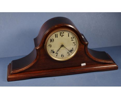 Vintage wood cased Gilbert mantle clock Napoleon Hat shape, pendulum available, appears operational, but untested. Height 25c