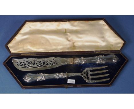 Victorian cased pair sterling silver fish servers Sheffield 1848, makers Aaron Hadfield. Length 30cm approx (knife) Weight 26