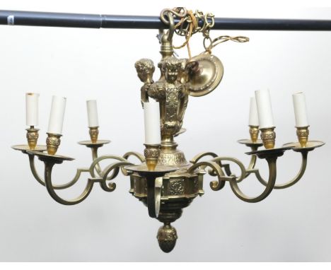 French cast brass eight branch chandelier, cast with three terms suspended beneath a chain, the drop 59cm, chain length and r