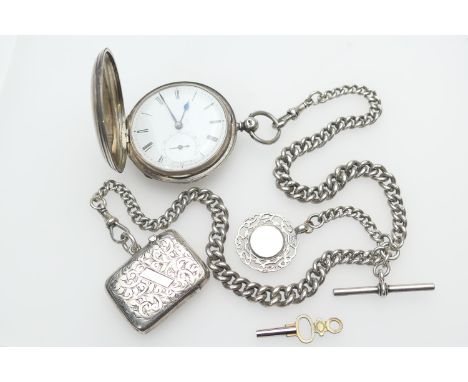 Victorian silver hunter pocket watch, with watch albert, the watch with engine turned outer case, London 1861, white enamelle