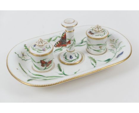 Worcester china inkstand, circa 1852-62, decorated throughout with indigenous butterflies, the stand supporting two lidded in