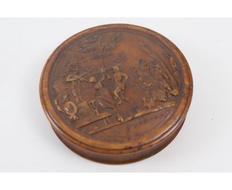 Pressed burr wood circular snuff box, 19th Century, the cover decorated with a scene of revellers, titled 'Fete Flamande', to