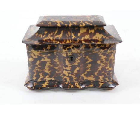 Regency tortoiseshell tea caddy, circa 1815-25, shaped sarcophagus form with caddy lids intact, silver escutcheon, raised on 