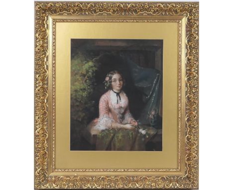 French School (late 19th Century), Portrait of a young girl seated in a garden, pastel drawing, 40cm x 32cm 