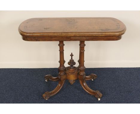 Victorian burr walnut and inlaid folding card table, circa 1860, the top with boxwood and ebony tramline inlays, moulded edge