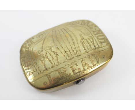 Brass named snuff box, 19th Century, inscribed 'Forget me not, J Read', in stipple engraved details, and dated 1857 on the re