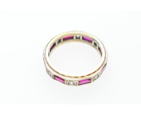 9ct gold eternity ring, set with rectangular cut rubies and round cut white stones, probably sapphires, size M, gross weight 