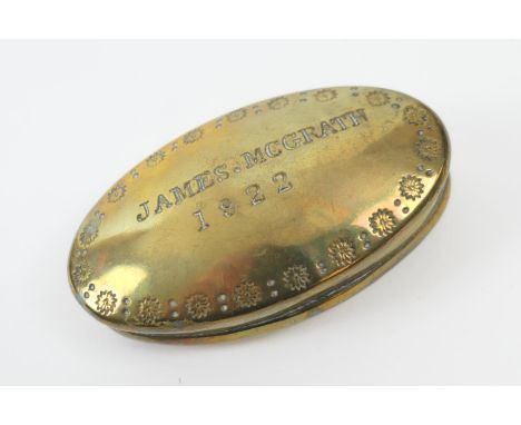 Named and dated brass snuff box, of oval form inscribed 'James McGrath' dated 1922, 7.5cm x 4cm 