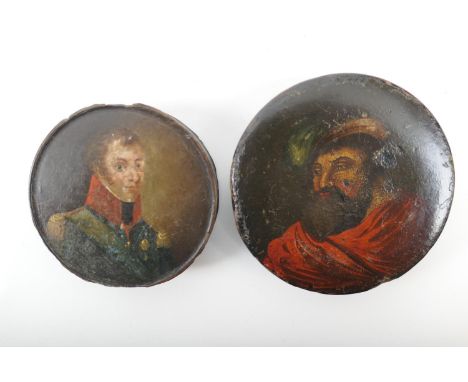 Two papier mache portrait snuff boxes, early 19th Century, one decorated with the bust of a young Naval officer, 9cm, the oth