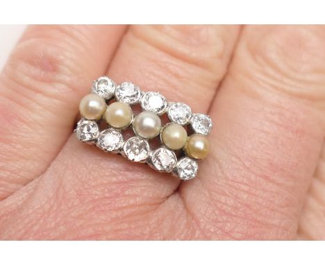 Diamond and cultured pearl cluster ring, set with ten old round cut diamonds totalling approx. 1ct, centred with a line of fi