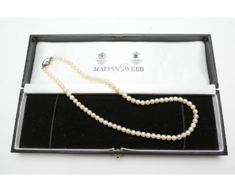 Mappin &amp; Webb pearl necklace, uniform 5mm cultured pearls, with M&amp;W 18ct gold clasp set with a single small round cut