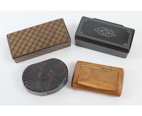 Tartanware snuff box, 8.5cm x 4cm; also a Victorian papier mache and pewter inlaid snuff box, 8cm x 3.5cm; a Regency reeded o