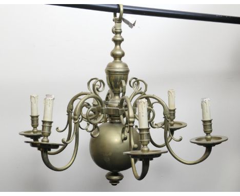 Dutch brass six branch chandelier, 73cm drop, 81cm diameter 