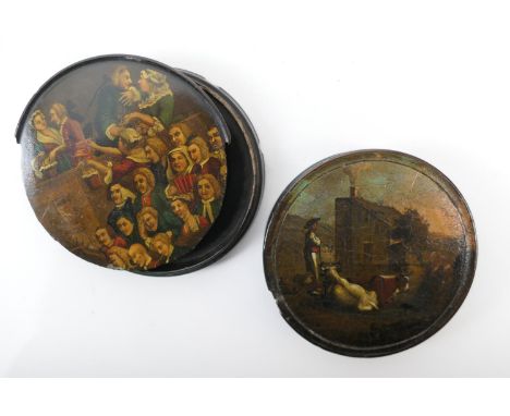 Painted papier mache snuff box, circular form detailed with a tranquil farmyard scene, 9.5cm diameter; also a damaged circula
