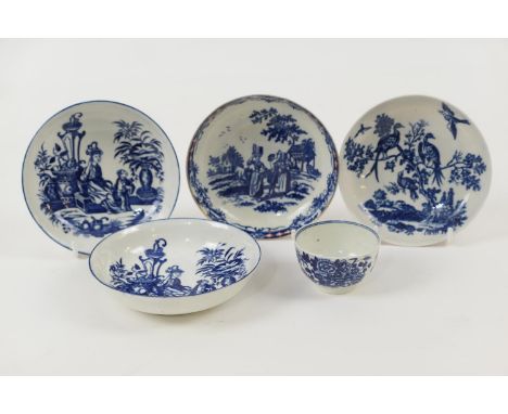 Five pieces of Worcester blue and white printed porcelain, comprising two mother and child pattern saucers, circa 1780, both 