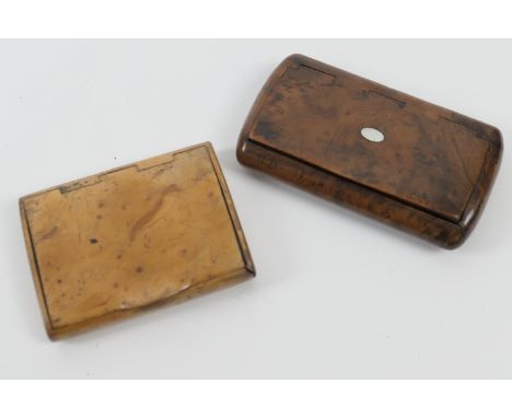 Victorian burr wood snuff box, cushion form inset with mother of pearl cartouche, 10cm x 6cm; also a blond burr wood snuff bo