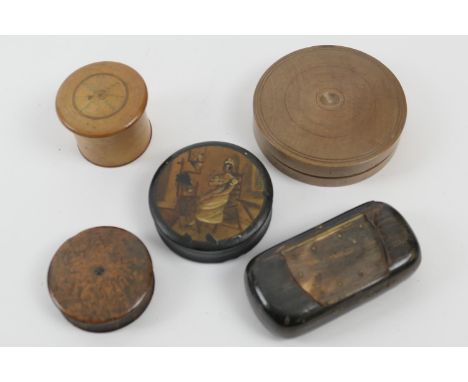 Horn cushion form snuff box, 19th Century, 8cm x 4.5cm; also a burr wood circular snuff box, of small size, 5cm diameter; a V