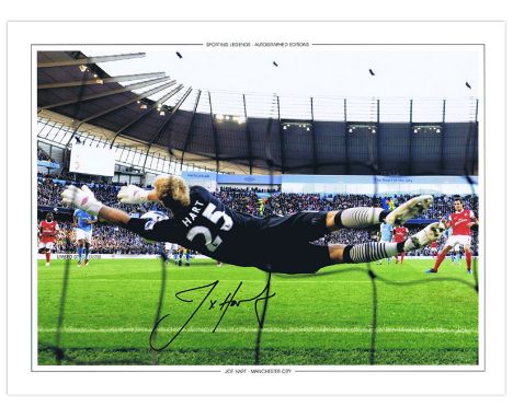 Autographed JOE HART 16 x 12 Edition : Manchester City goalkeeper JOE HART superbly saving a penalty from Cesc Fabregas durin