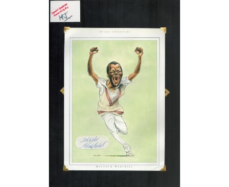 Malcom Marshall signed 17x12 inch mounted colour caricature illustrated page. Good condition. All autographs come with a Cert