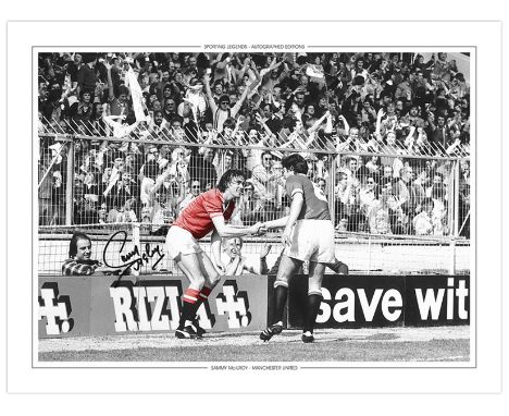 Autographed SAMMY McILROY 16 x 12 Edition : Manchester United captain Martin Buchan congratulates SAMMY McILROY after the Iri