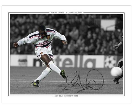 Autographed ANDY COLE 16 x 12 Edition : ANDY COLE scores Manchester United's second goal in a memorable 3-3 draw with Barcelo