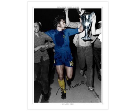 Autographed ALAN HUDSON 16 x 12 Edition : Chelsea midfielder ALAN HUDSON holds aloft the European Cup Winners Cup during a la