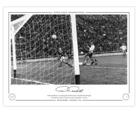 Autographed ARCHIE GEMMILL 16 x 12 Limited-Edition : B/W, depicting Scotland winger ARCHIE GEMMILL scoring a sensational goal