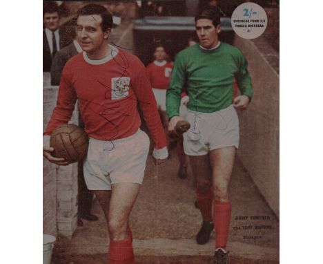 Jimmy Armfield CBE DL and Tony Waiters Blackpool signed colour magazine photo. England's 1966 World Cup-winning squad. Good c