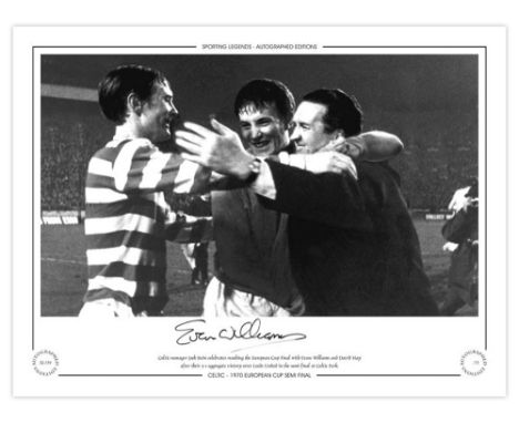 Autographed EVAN WILLIAMS 16 x 12 Limited-Edition : B/W, depicting Celtic goalkeeper EVAN WILLIAMS celebrating with Jock Stei