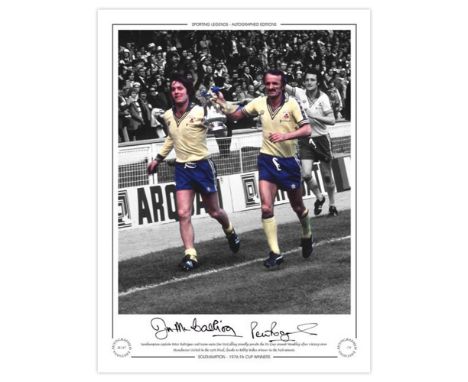 Autographed SOUTHAMPTON 16 x 12 Limited-Edition : Colorized, depicting Southampton's PETER RODRIGUES and JIM McCALLIOG paradi