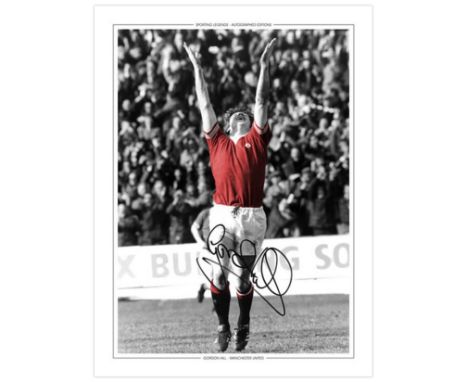 Autographed GORDON HILL 16 x 12 Edition : GORDON HILL celebrates after scoring his and Manchester United's second goal in a 2