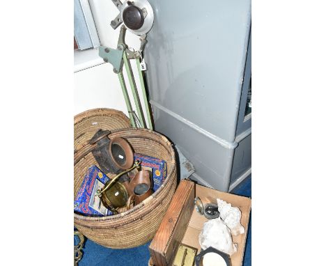 A BASKET AND ONE BOX OF MISCELLANEOUS SUNDRIES, to include a French Duverdrey &amp; Bloquel eight day carriage clock, a Smith