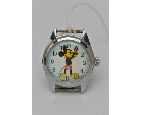 A CHILDS MICKEY MOUSE WATCH HEAD, manual wind stainless steel watch, round blue dial depicting Mickey Mouse with his hands be