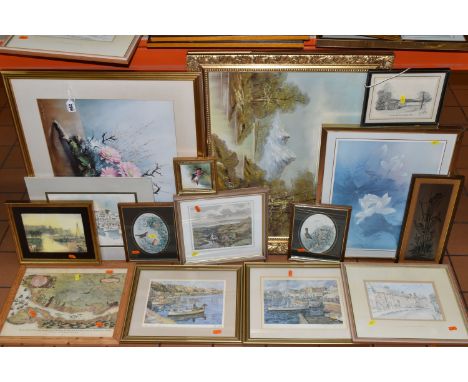 A QUANTITY OF PICTURES AND PRINTS ETC, to include a hand painted porcelain plaque of a Bullfinch by Nigel Creed, approximate 