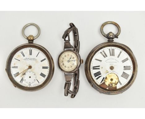 TWO POCKET WATCHES AND A WRISTWATCH, the first an AF silver open face pocket watch, key wound, damaged and will require some 
