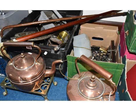 TWO BOXES AND LOOSE COPPER AND METALWARE, to include two copper kettles, horse brasses, antler handled carving set, two walki