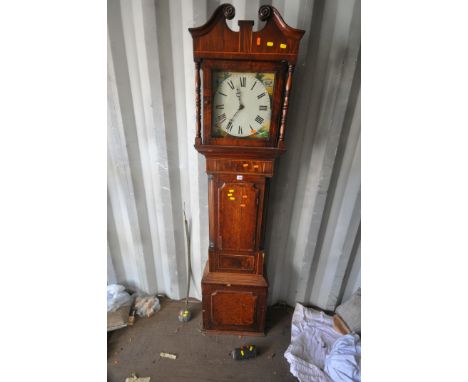 A 19TH CENTURY MAHOGANY 30 HOUR LONGCASE CLOCK, with twin swan neck pediment, the glass door enclosing an 11 inch dial, depic