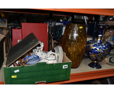 TWO BOXES AND LOOSE MISCELLANEOUS SUNDRIES, to include a large collection of Royal Mail stamp post cards, four blue and white