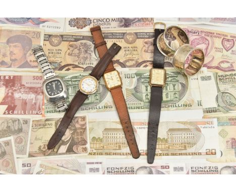 A SELECTION OF FOUR WATCHES, TWO SILVER NAPKIN RINGS AND BANK NOTES, to include a Rotary automatic wristwatch, a Sekonda quar