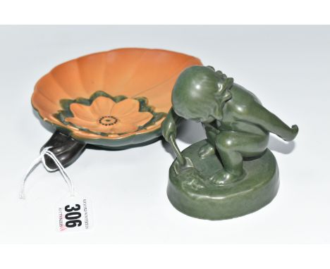 TWO EARLY 20TH CENTURY DANISH P. IPSENS ENKE COPENHAGEN PIECES, comprising a green glazed terracotta figure of a young girl o