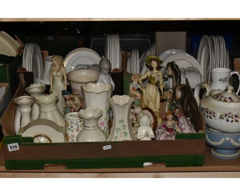 FOUR BOXES AND LOOSE CERAMICS FROM NAMED MANUFACTURERS to include three small Belleek vases (repair to the rim visible, a sma