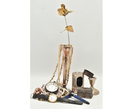 A BOX OF ASSORTED ITEMS, to include a tall polished tapered posy vase, on a round weighted base, hallmarked 'A T Cannon Ltd' 