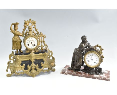 TWO FRENCH MANTEL CLOCKS, comprising an eight day Ormolu clock with pendulum and key, height 39cm, the other clock depicts a 