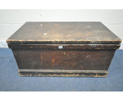 A 19TH CENTURY PAINTED PINE TOOL CHEST, the hinged lid enclosing a smaller storage compartment, and twin metal handles, width