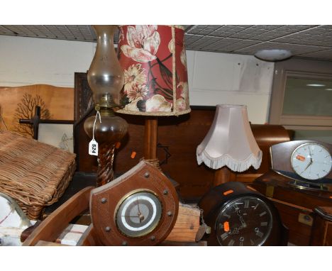 A GROUP OF TREEN AND WICKER ITEMS, comprising a Singer sewing machine, a large wooden serving tray monogrammed E.J.M 1903 in 